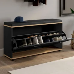 Banc d'entrée noir avec coussin et rangement chaussures