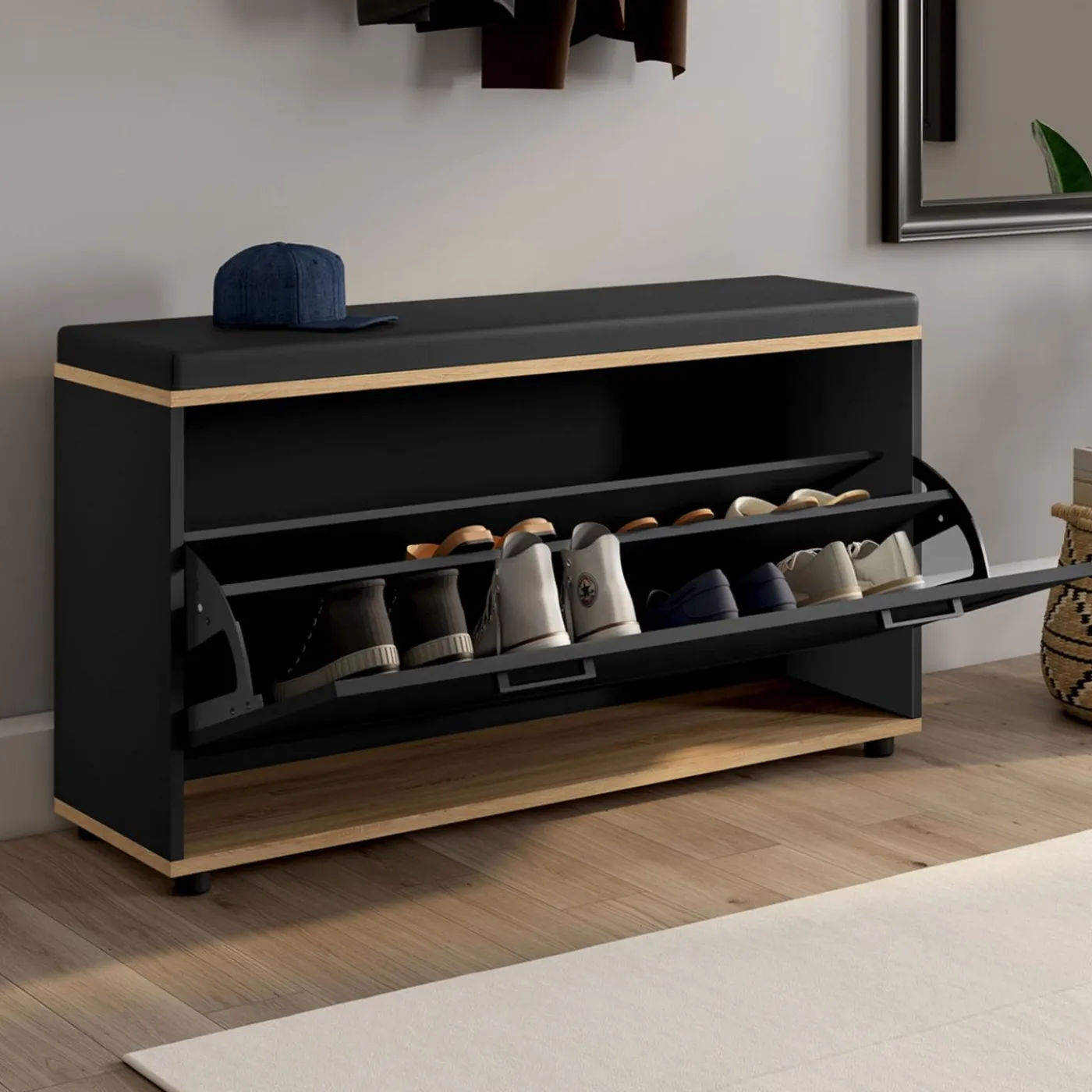 Banc d'entrée noir avec coussin et rangement chaussures