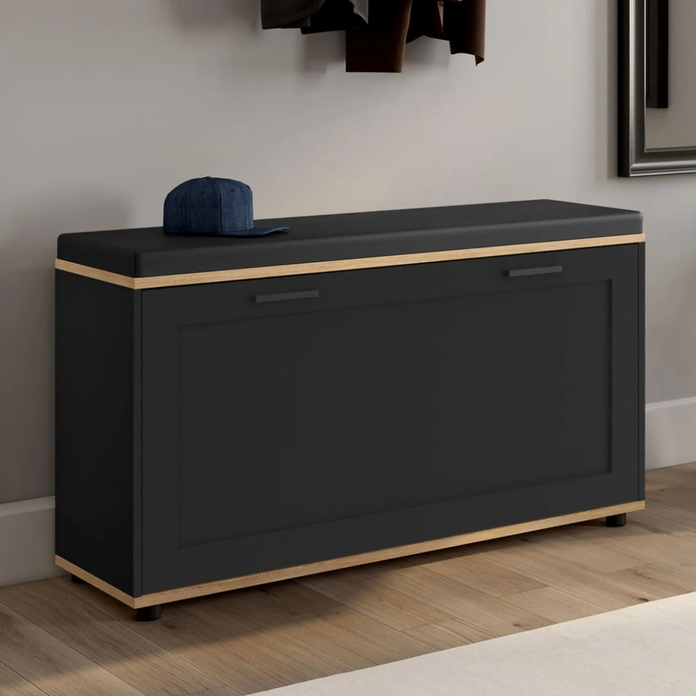 Banc d'entrée noir avec coussin et rangement chaussures