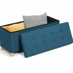 Banquette rangement tissu bleu canard en lin