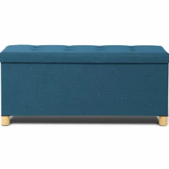 Banquette rangement tissu bleu canard en lin