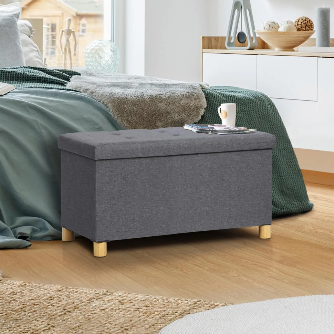 Banquette rangement tissu gris anthracite en lin