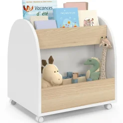 Bibliothèque enfant sur roulettes hêtre et blanc