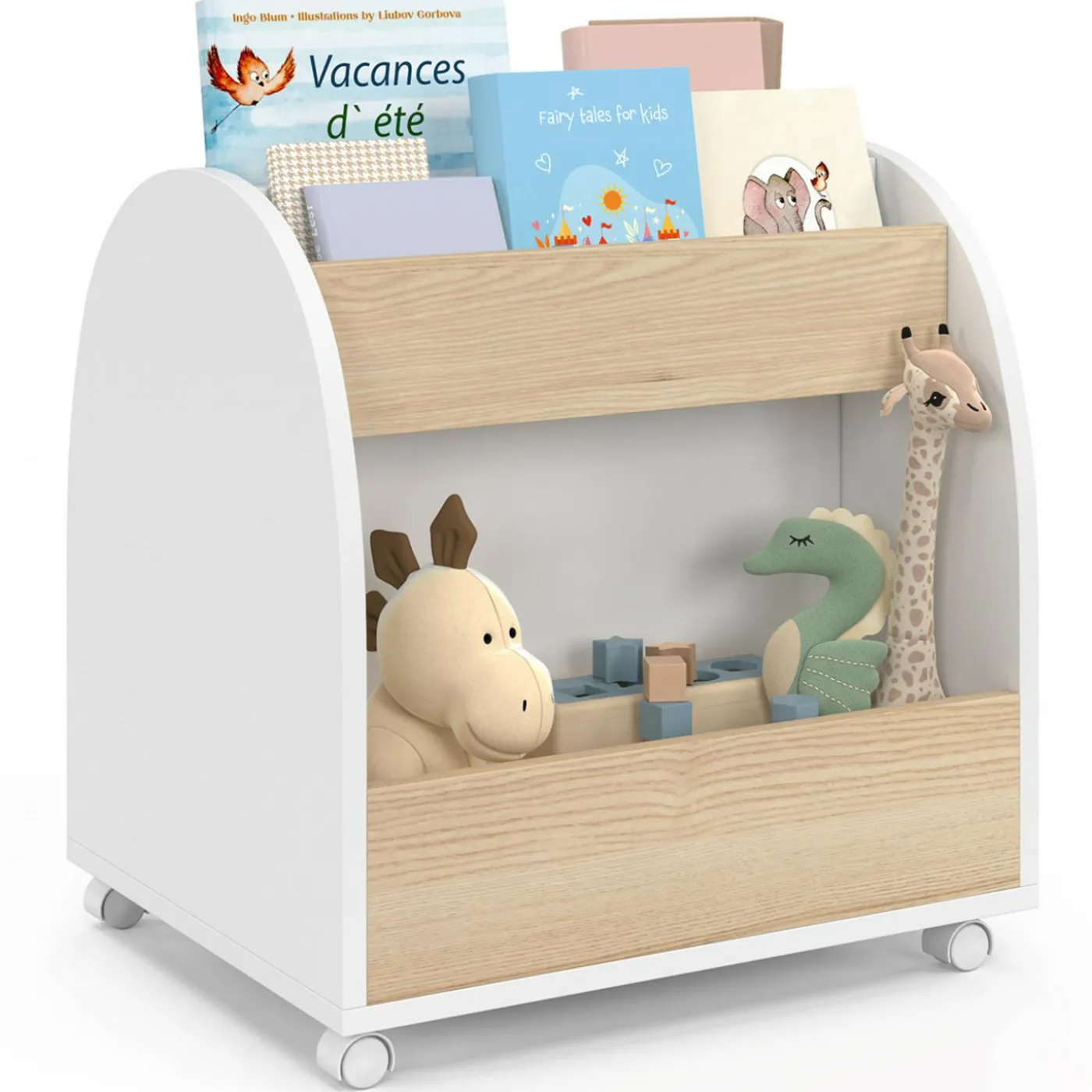 Bibliothèque enfant sur roulettes hêtre et blanc