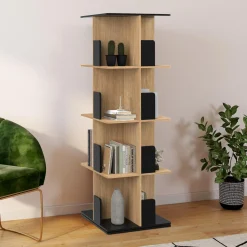 Bibliothèque rotative 4 niveaux noir et effet bois