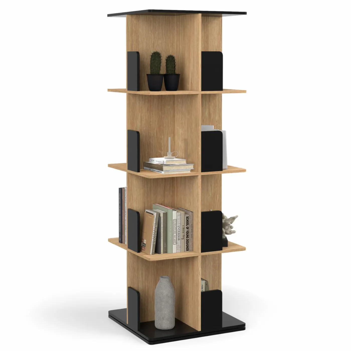 Bibliothèque rotative 4 niveaux noir et effet bois