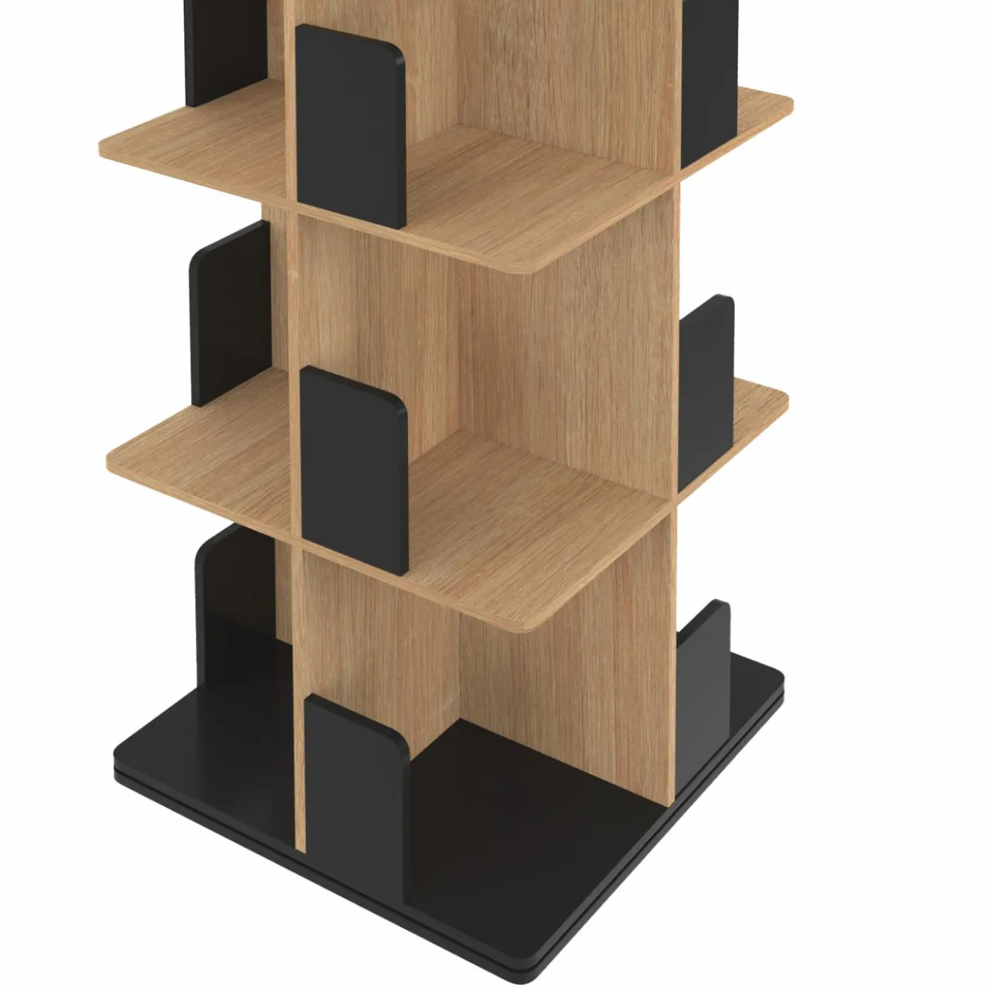 Bibliothèque rotative 4 niveaux noir et effet bois