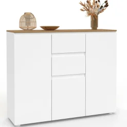 Buffet 100 cm 3 portes 2 tiroirs blanc et plateau bois
