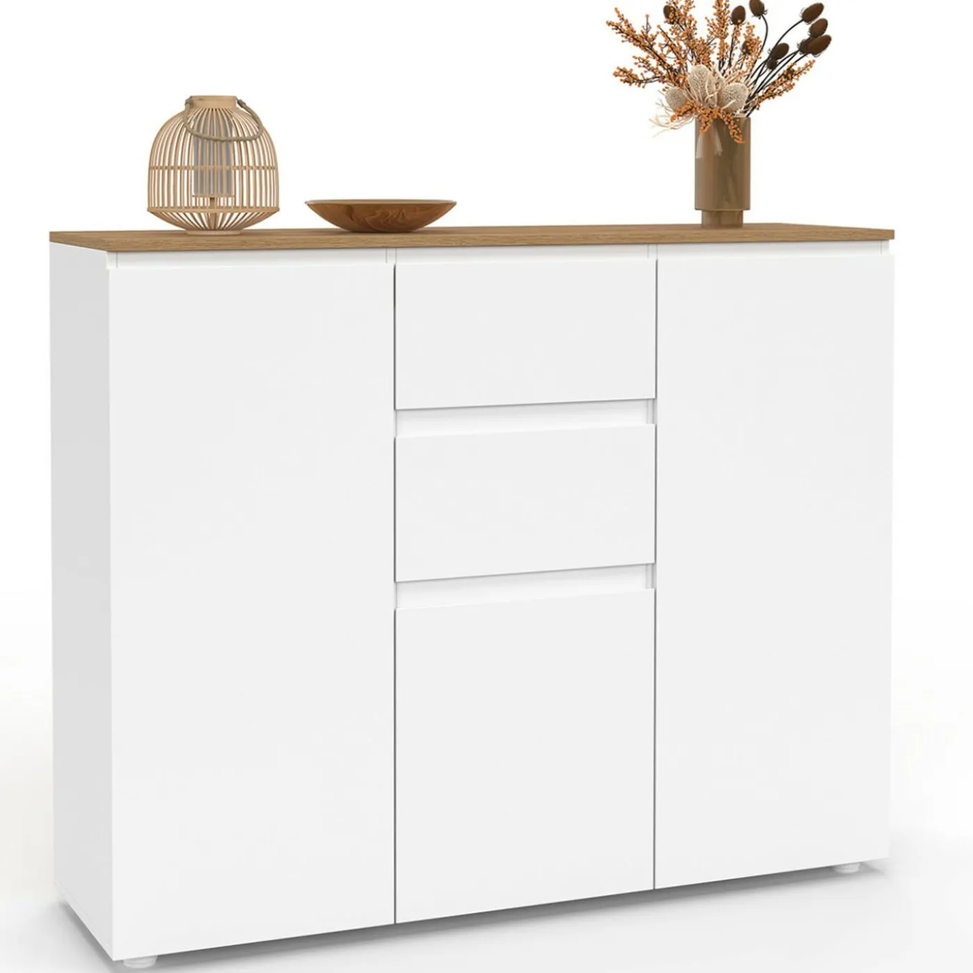 Buffet 100 cm 3 portes 2 tiroirs blanc et plateau bois