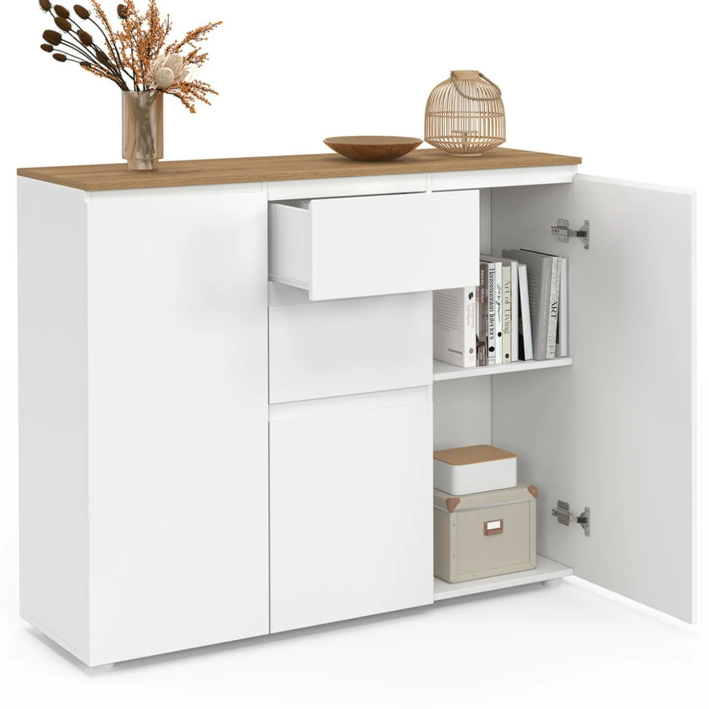 Buffet 100 cm 3 portes 2 tiroirs blanc et plateau bois