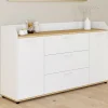 Buffet 140 cm 4 portes avec rebord blanc et plateau bois façon hêtre