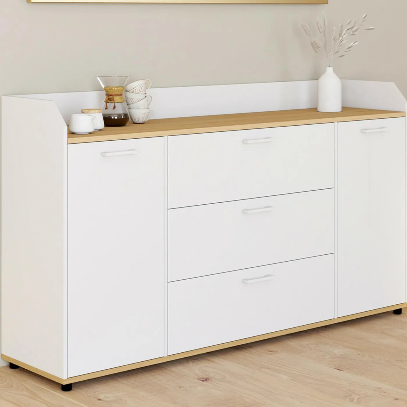 Buffet 140 cm 4 portes avec rebord blanc et plateau bois façon hêtre