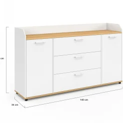 Buffet 140 cm 4 portes avec rebord blanc et plateau bois façon hêtre