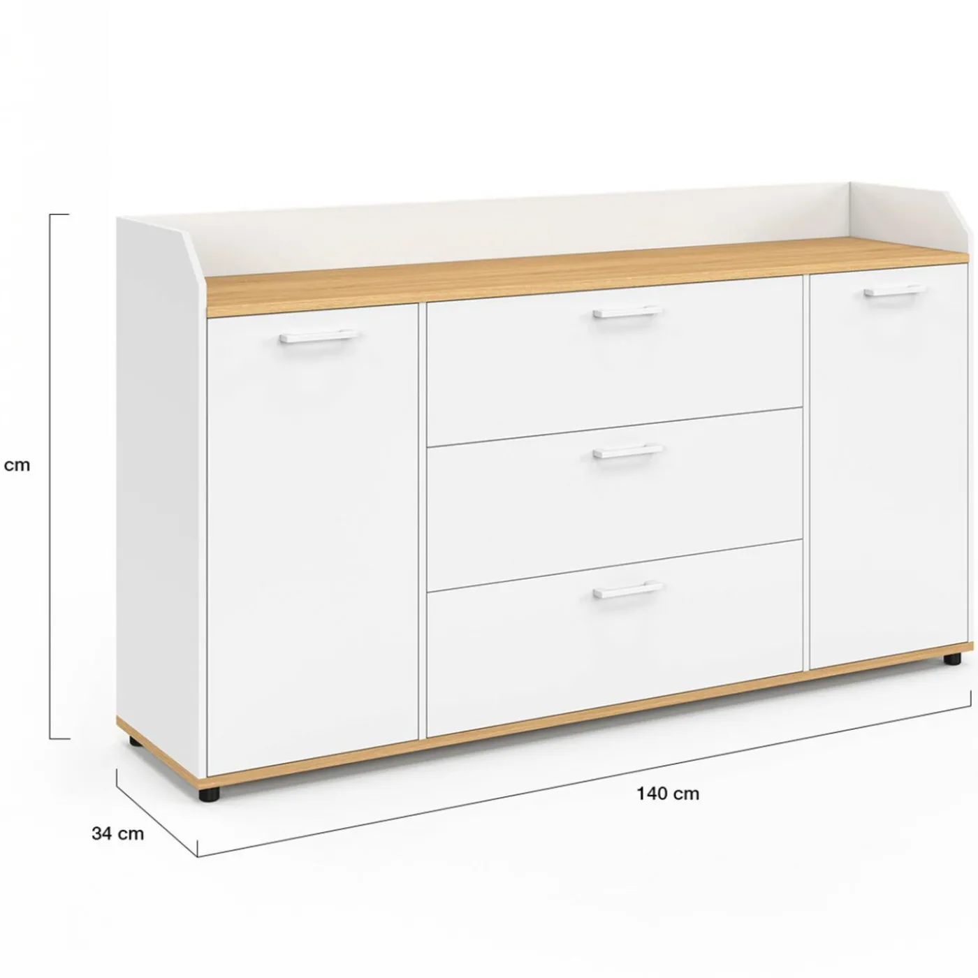 Buffet 140 cm 4 portes avec rebord blanc et plateau bois façon hêtre