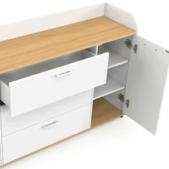 Buffet 140 cm 4 portes avec rebord blanc et plateau bois façon hêtre