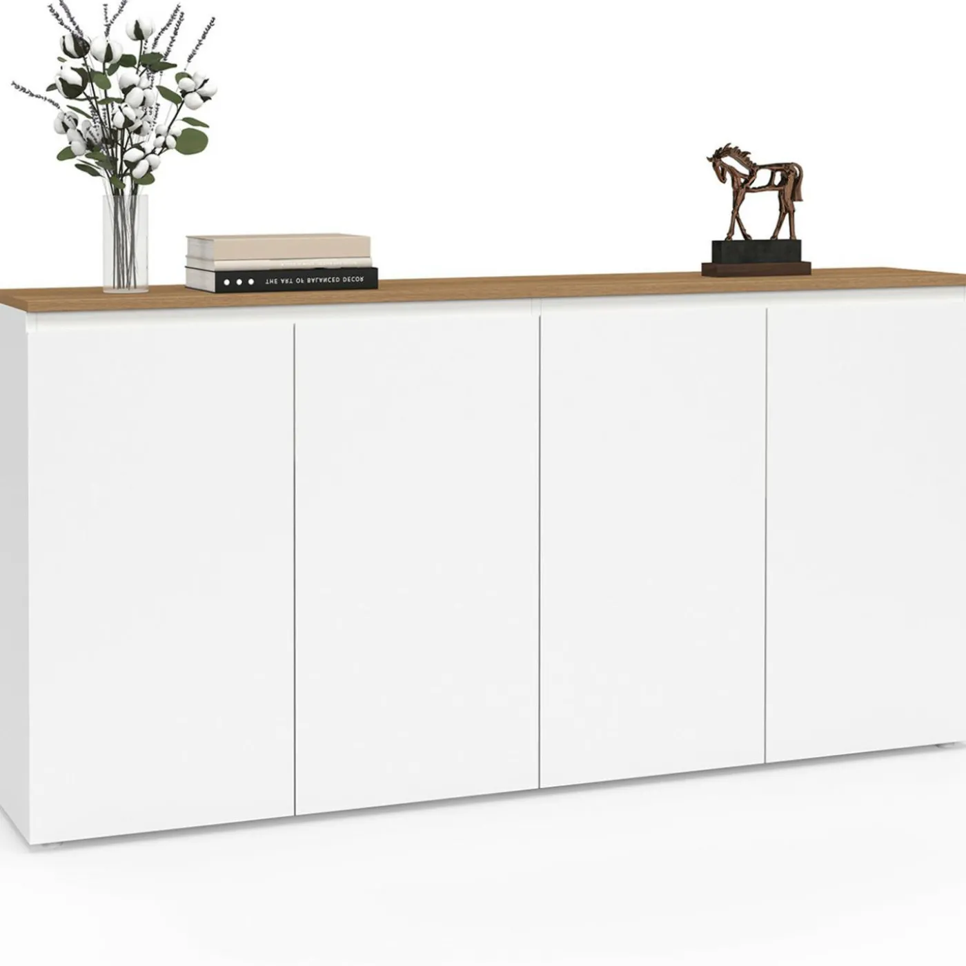 Buffet 160 cm 4 portes blanc et plateau bois