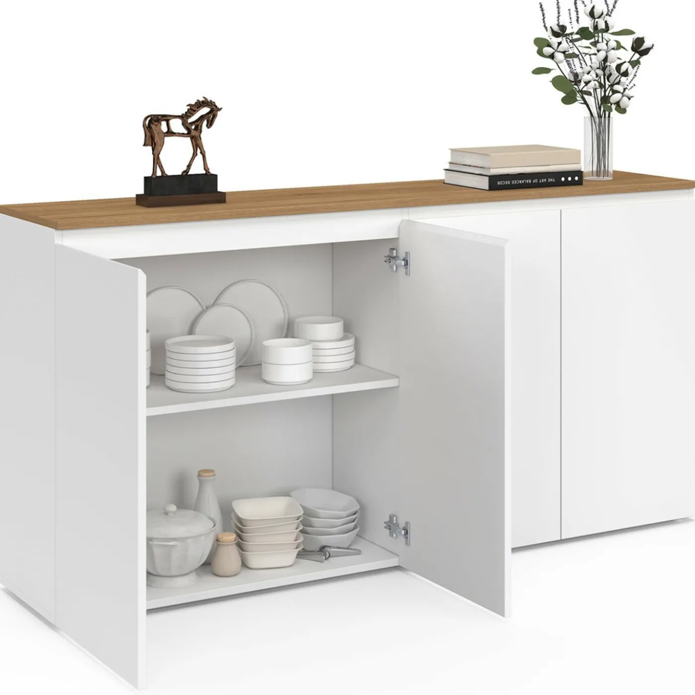 Buffet 160 cm 4 portes blanc et plateau bois