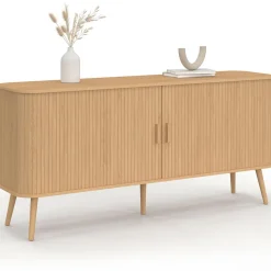 Buffet 160 cm 2 portes coulissantes lattes tasseau bois coloris chêne