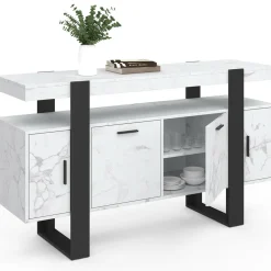 Buffet 140 cm 4 portes effet marbre blanc et noir