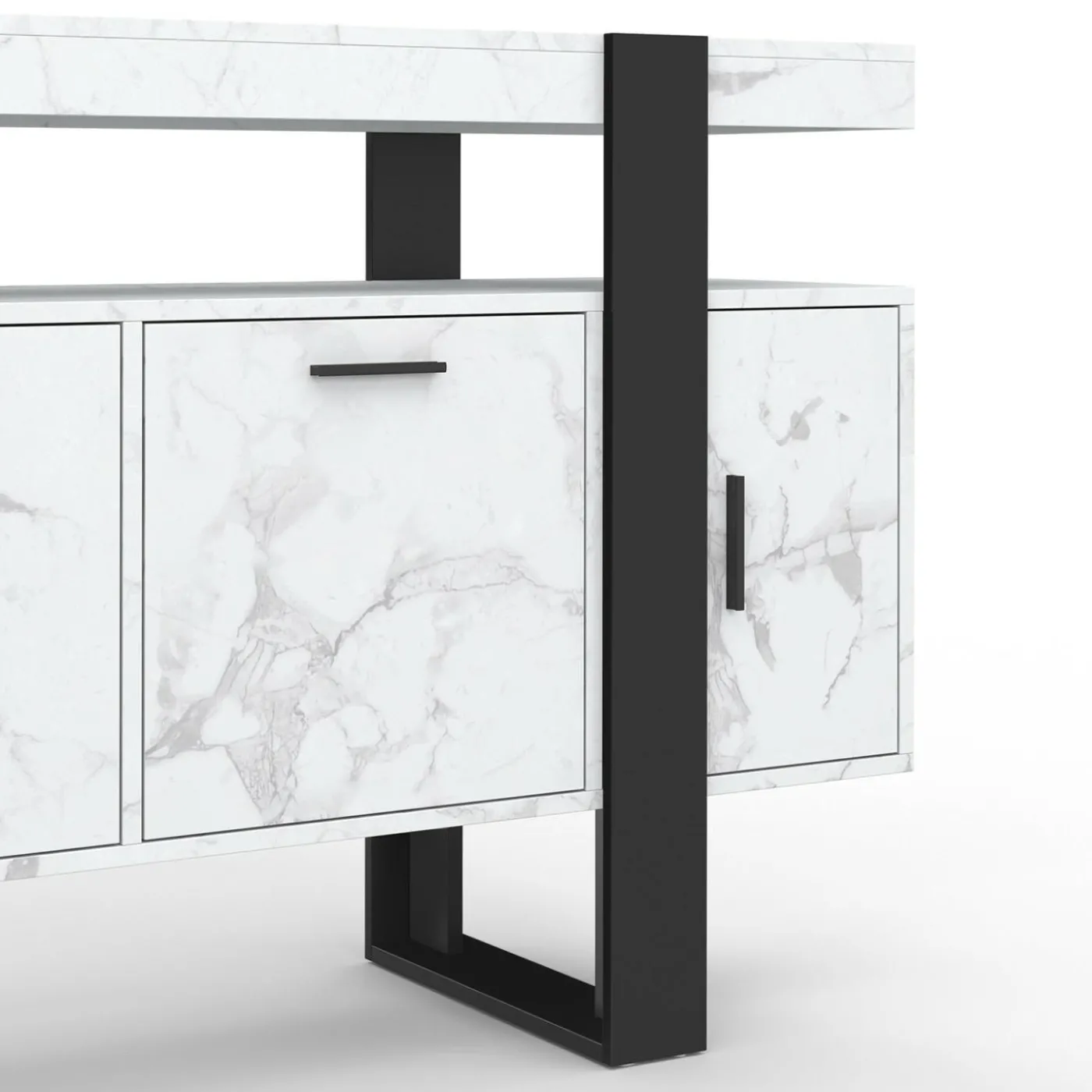 Buffet 140 cm 4 portes effet marbre blanc et noir