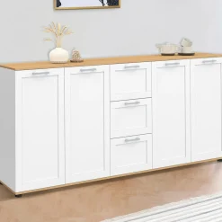 Buffet 180 cm XXL 4 portes avec 3 tiroirs bois et blanc