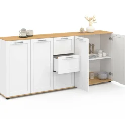 Buffet 180 cm XXL 4 portes avec 3 tiroirs bois et blanc