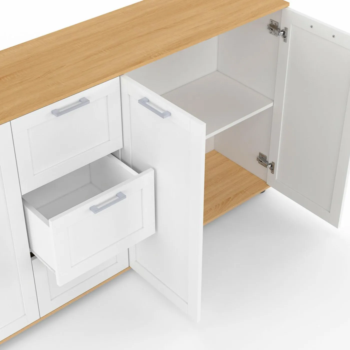 Buffet 180 cm XXL 4 portes avec 3 tiroirs bois et blanc