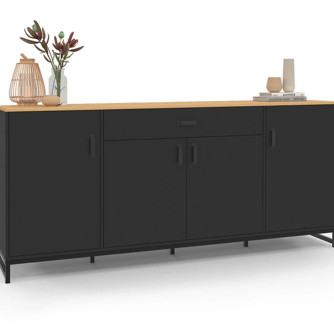 Buffet 180 cm XXL 4 portes et 1 tiroir bois et noir