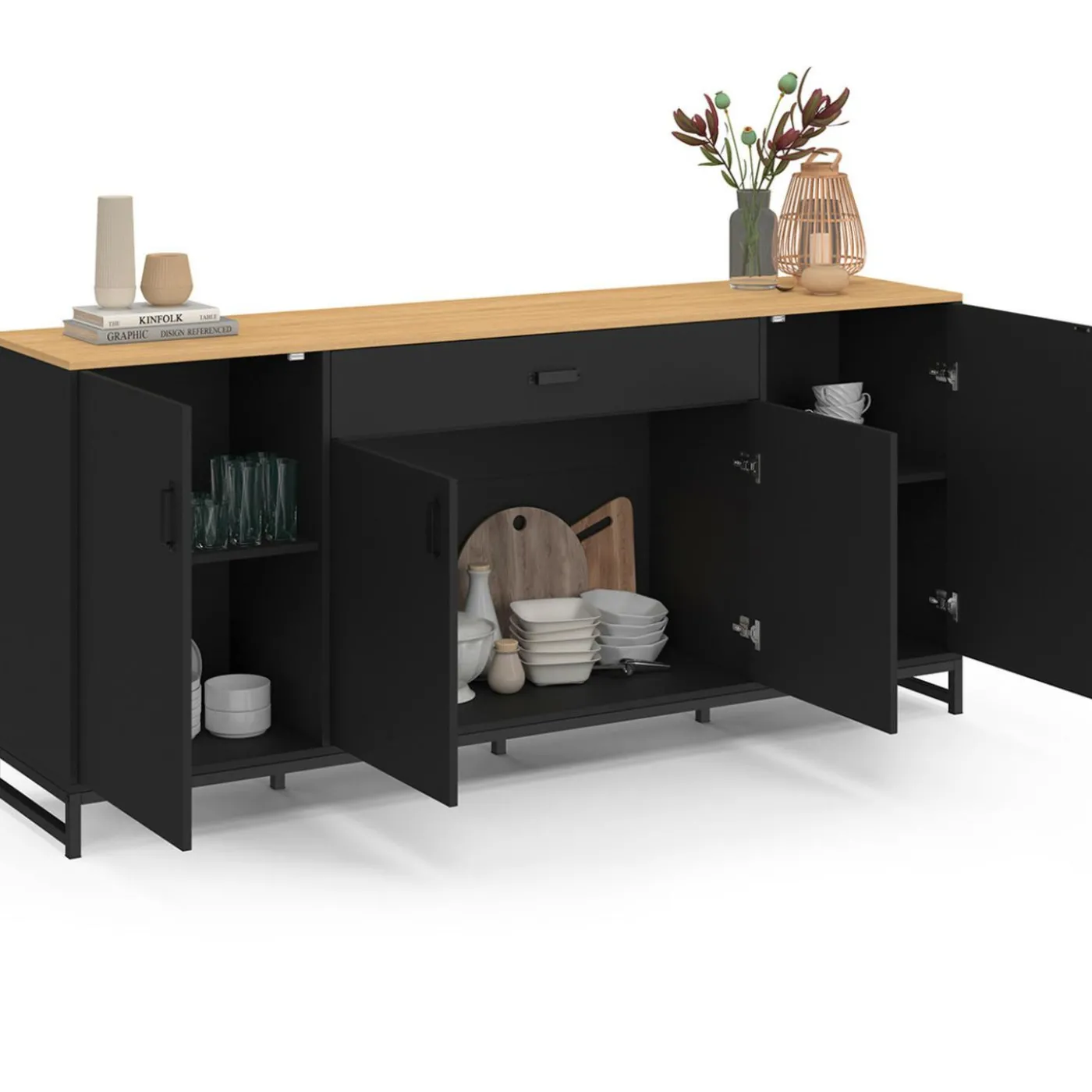 Buffet 180 cm XXL 4 portes et 1 tiroir bois et noir