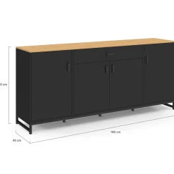 Buffet 180 cm XXL 4 portes et 1 tiroir bois et noir