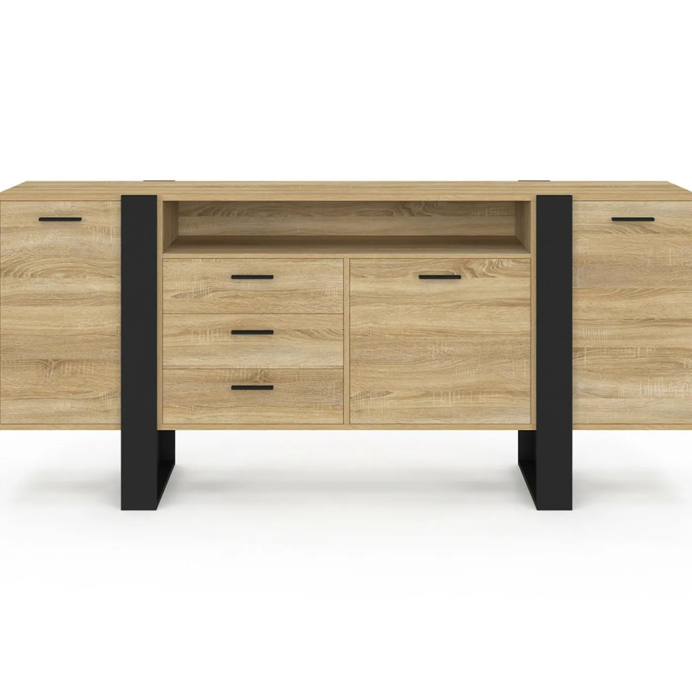 Buffet 180 cm XXL 3 portes et 3 tiroirs avec niche bois et noir