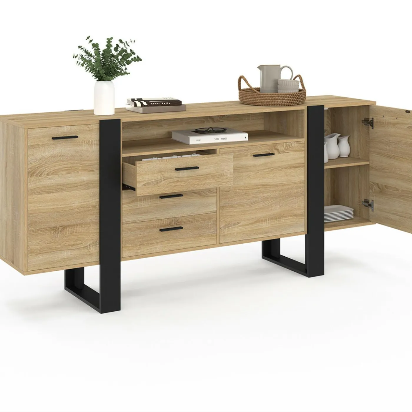 Buffet 180 cm XXL 3 portes et 3 tiroirs avec niche bois et noir