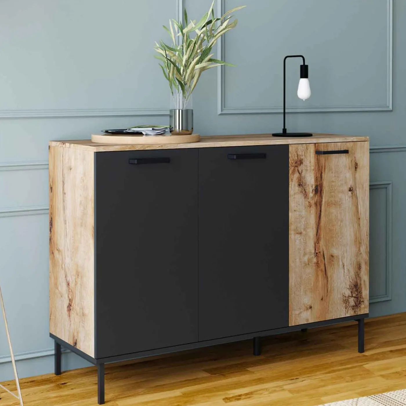 Buffet 3 portes industriel bois et métal noir