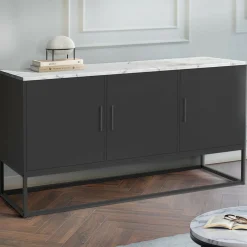 Buffet bas 113 cm 3 portes noires plateau effet marbre blanc