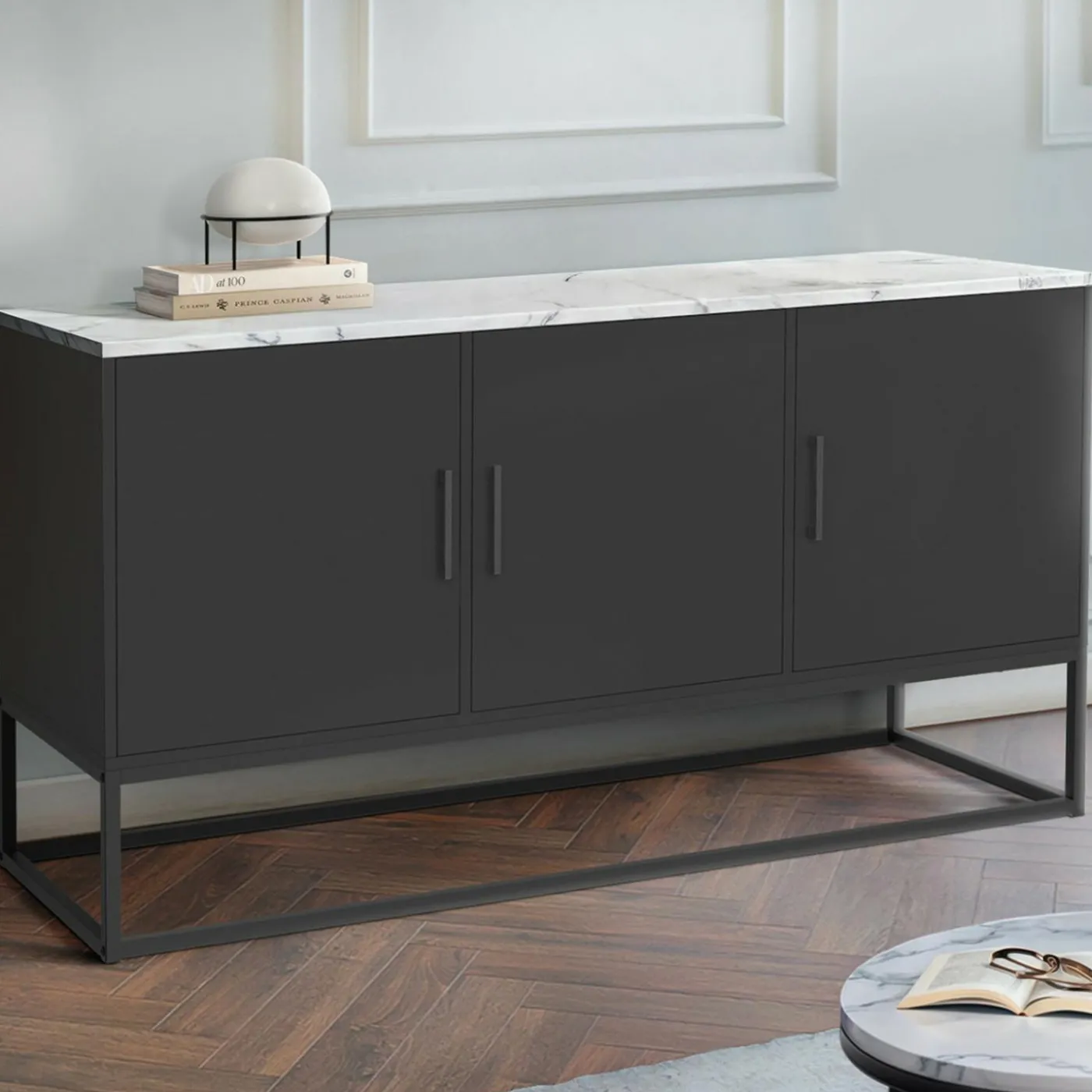Buffet bas 113 cm 3 portes noires plateau effet marbre blanc