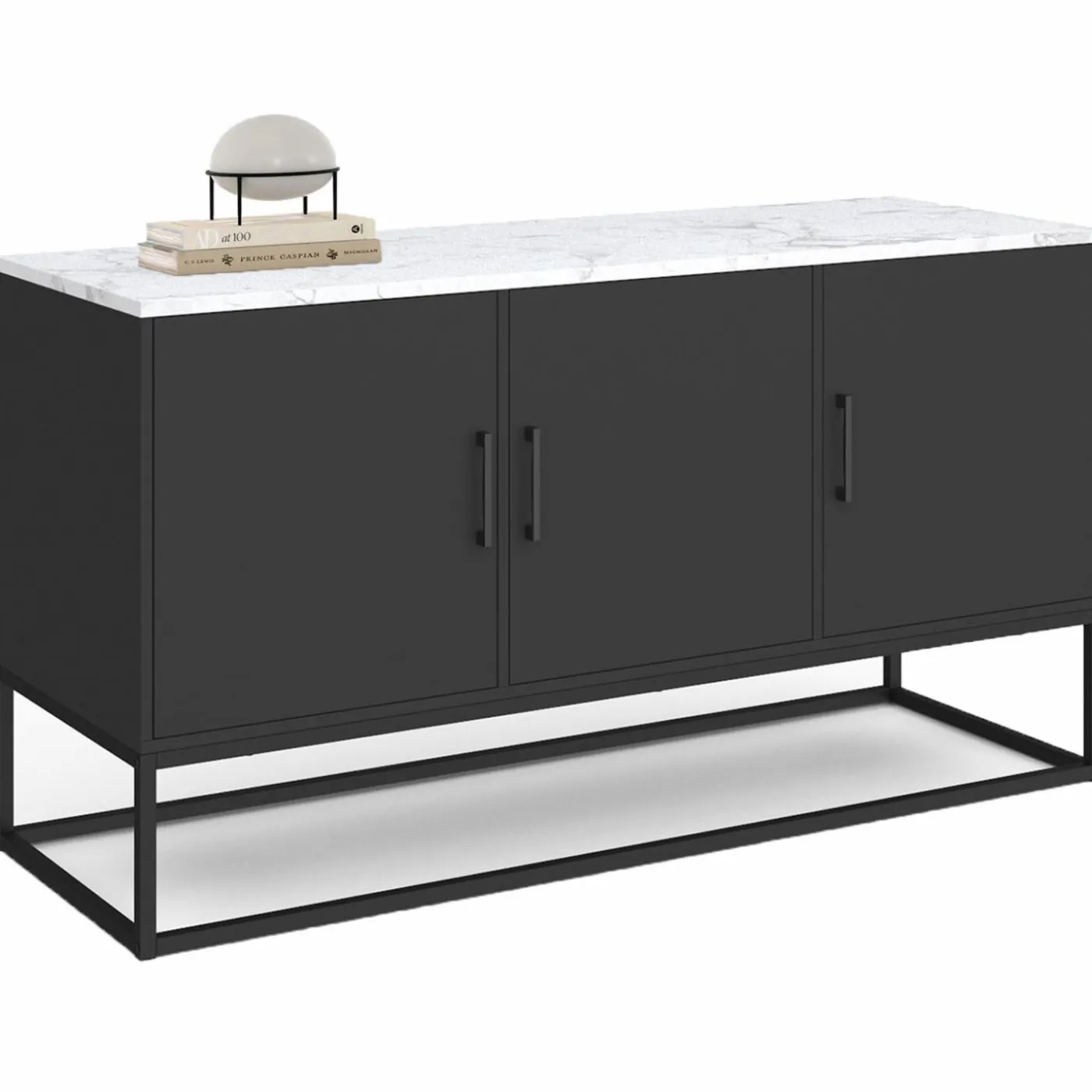 Buffet bas 113 cm 3 portes noires plateau effet marbre blanc