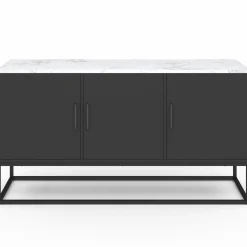 Buffet bas 113 cm 3 portes noires plateau effet marbre blanc