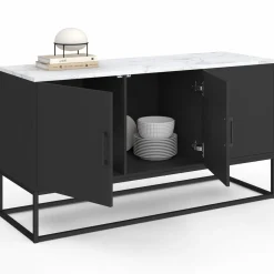 Buffet bas 113 cm 3 portes noires plateau effet marbre blanc