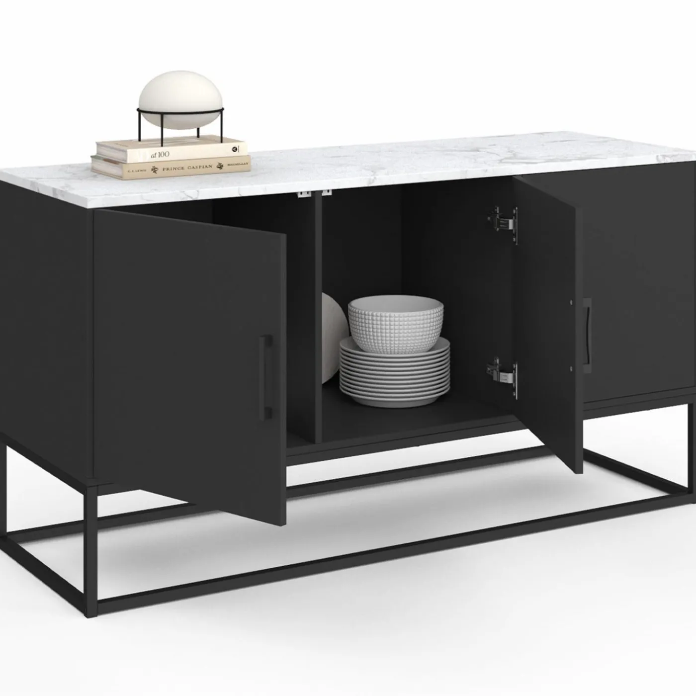 Buffet bas 113 cm 3 portes noires plateau effet marbre blanc