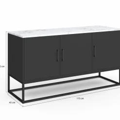 Buffet bas 113 cm 3 portes noires plateau effet marbre blanc