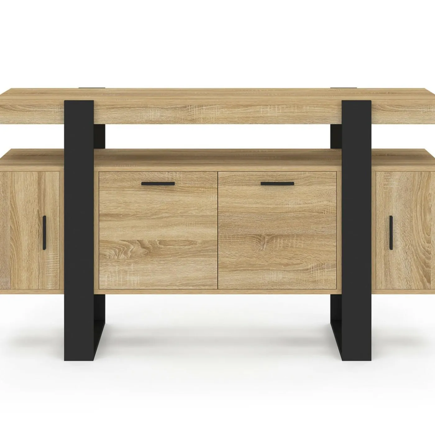 Buffet bas 140 cm bois imitation hêtre et noir 4 portes