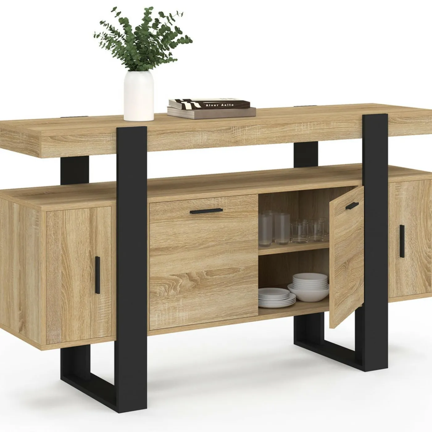 Buffet bas 140 cm bois imitation hêtre et noir 4 portes