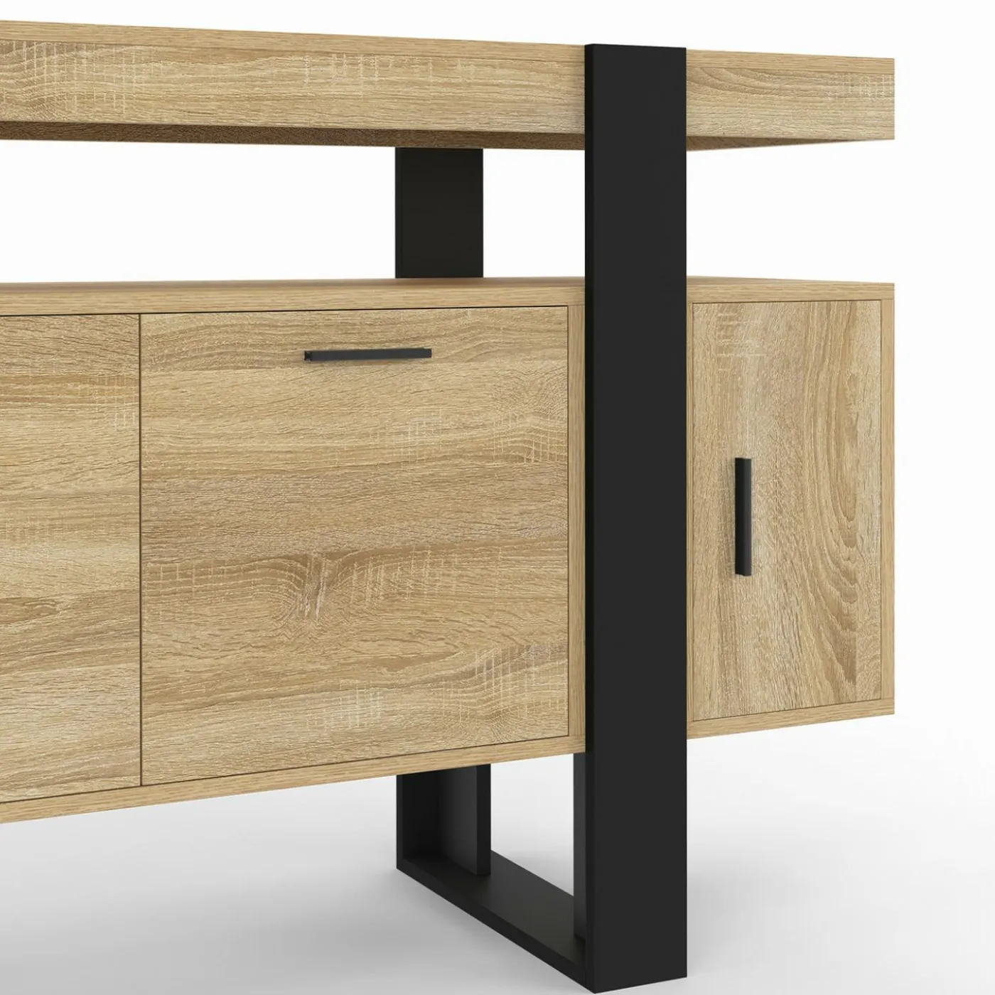 Buffet bas 140 cm bois imitation hêtre et noir 4 portes