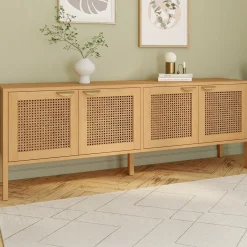 Buffet bas 4 portes bois et cannage 160 cm