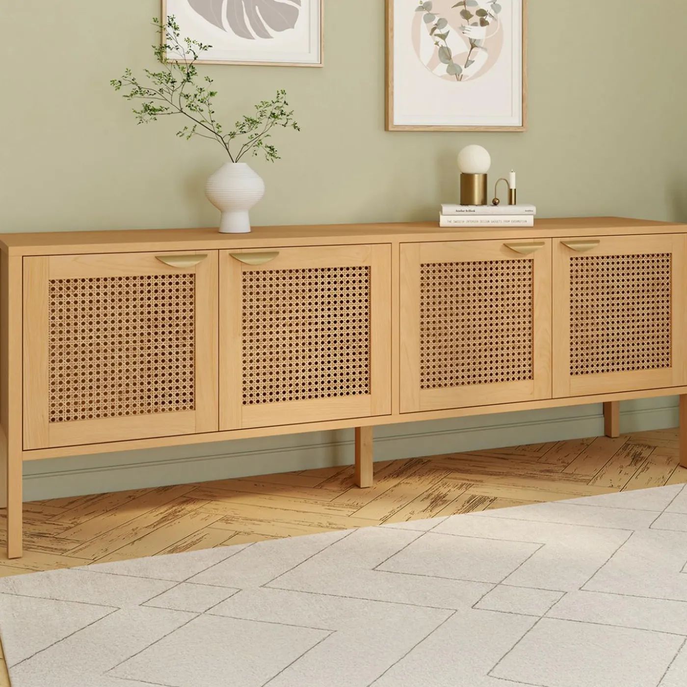 Buffet bas 4 portes bois et cannage 160 cm