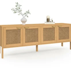 Buffet bas 4 portes bois et cannage 160 cm