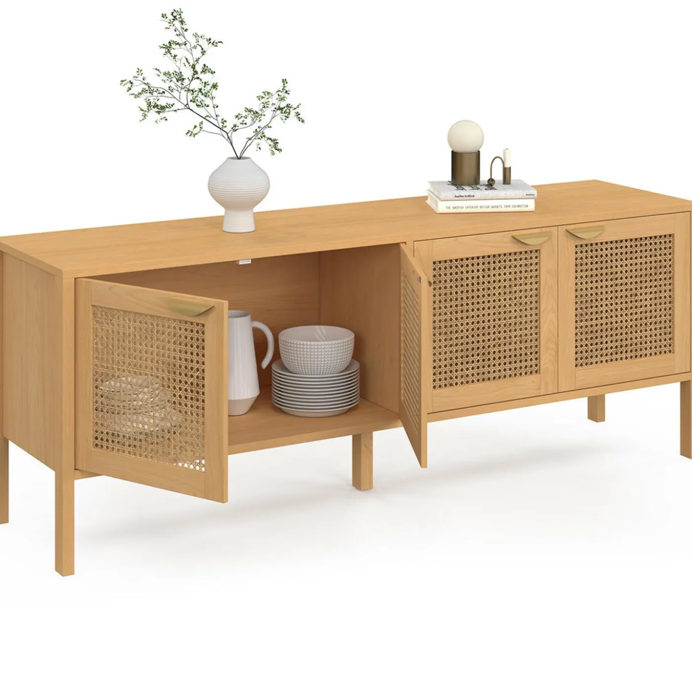 Buffet bas 4 portes bois et cannage 160 cm