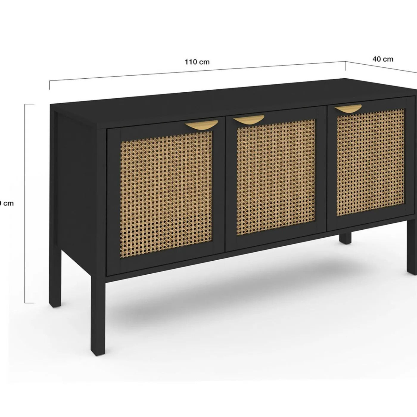 Buffet bas 3 portes bois noir et cannage 110 cm