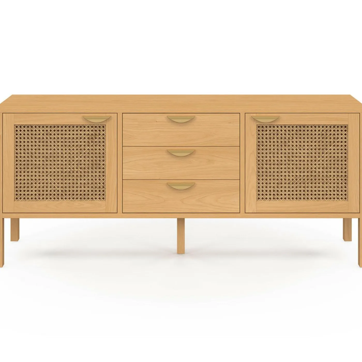 Buffet bas bois et cannage 140 cm avec 2 portes et 3 tiroirs