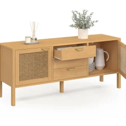 Buffet bas bois et cannage 140 cm avec 2 portes et 3 tiroirs